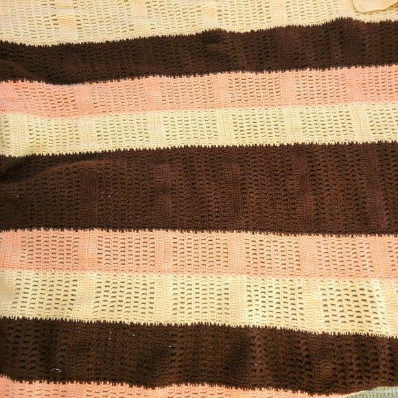Vintage Crochet Afghan Blanket With Pink, Cream & Brown Stripes Handmade Throw - Picture 2 of 7